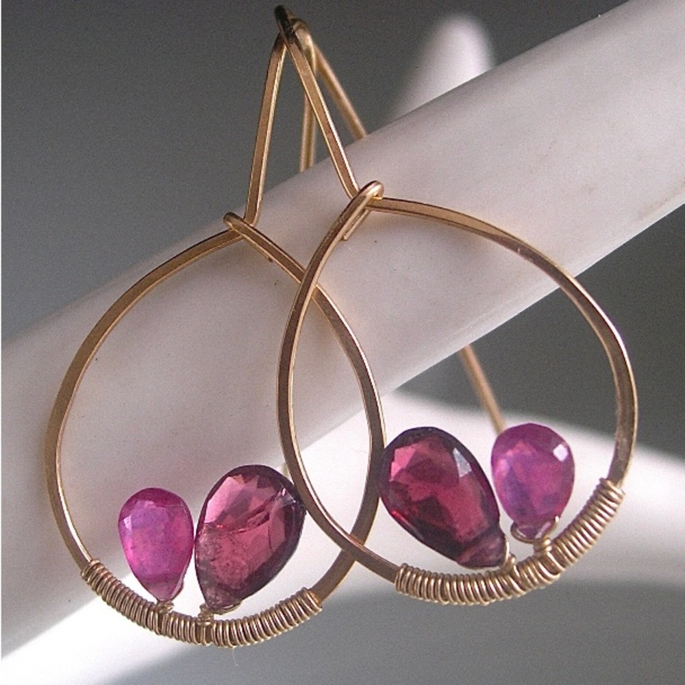 Teardrop Earrings Pink Sapphire & Garnet 14k Gold Filled Sweetheart Earrings